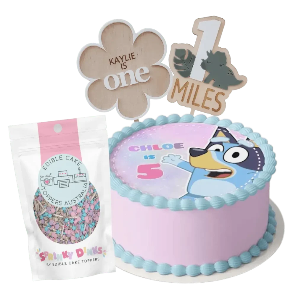 A feature image showing our popular products, like sprinkles. bluey edible image, and our keepsake acrylic cake toppers