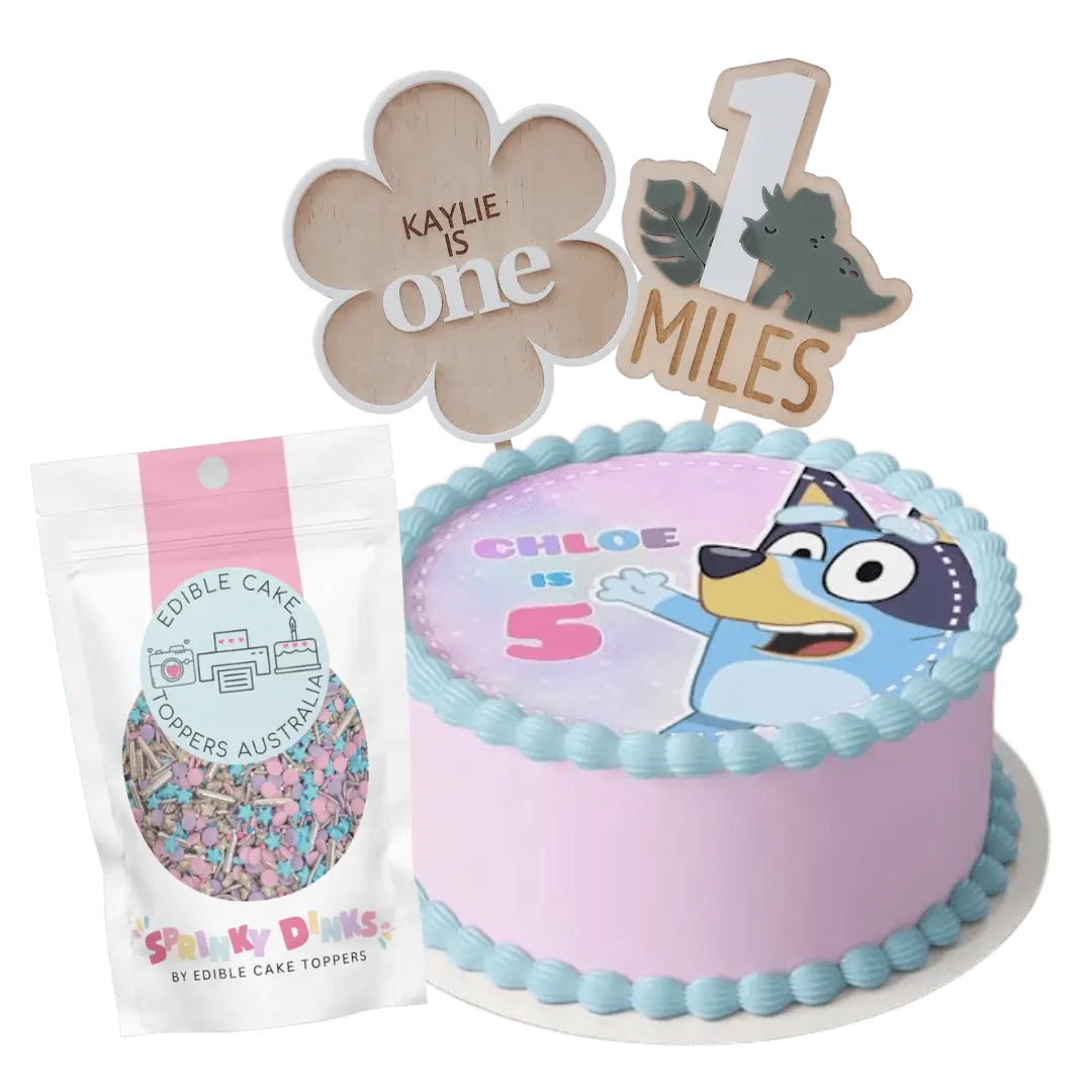 A feature image showing our popular products, like sprinkles. bluey edible image, and our keepsake acrylic cake toppers